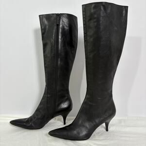 Via Spiga Black Leather Knee High Kitten Heel Boots- 7